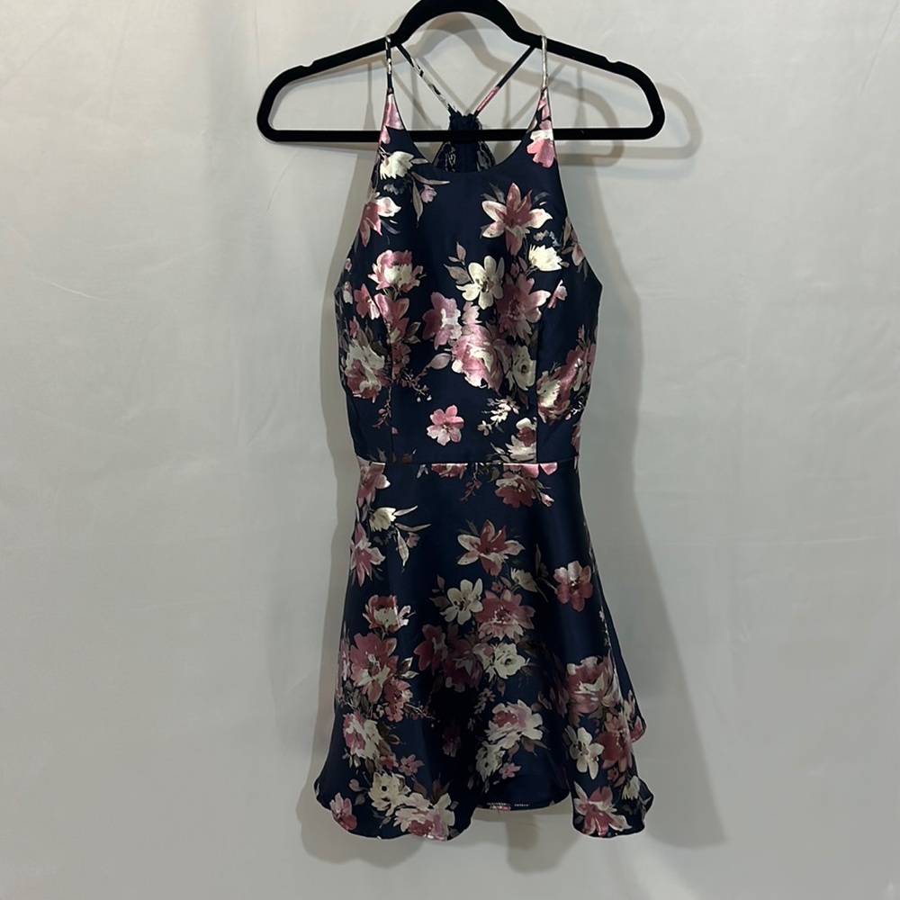 B. Smart Navy and Pink Floral Patterned Satin Flare Dress Size 13